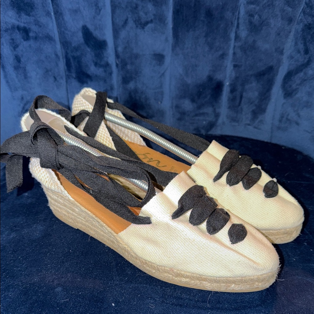 Picon Women's Cream Espadrille Wedge Sandals with Black Ribbon Size 9